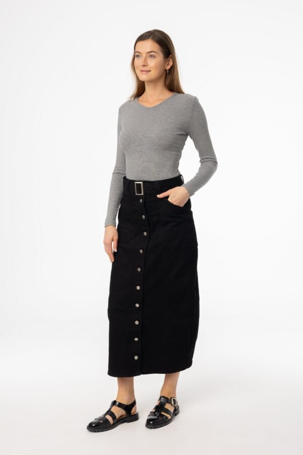 Black Belted Button Down Denim Skirt - Image 2